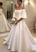 Sophisticated Princess Chapel Train Satin Wedding Dress with Split in A-Line Fit BM bride