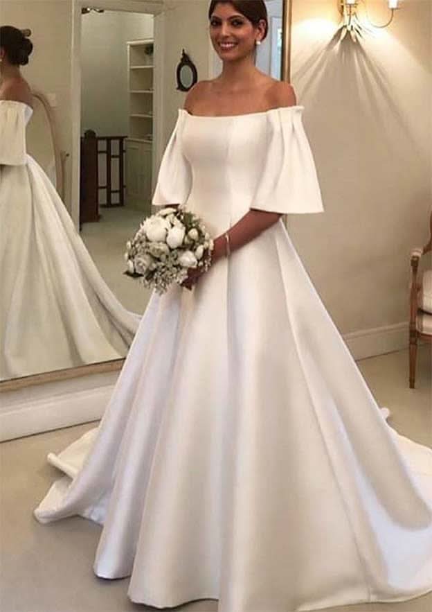 Sophisticated Princess Chapel Train Satin Wedding Dress with Split in A-Line Fit BM bride