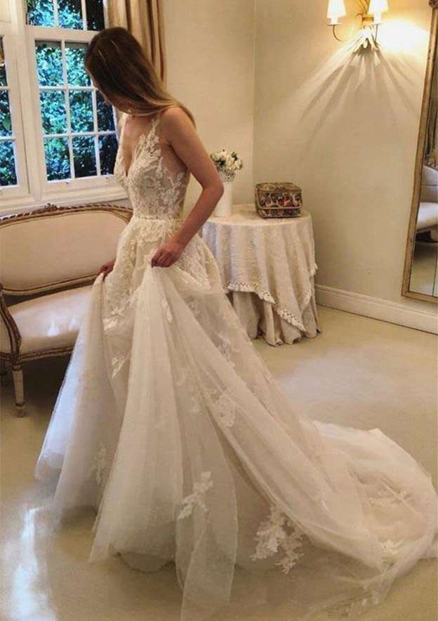 Elegant A-Line Princess Chapel Train Lace Tulle Wedding Dress with Appliqued Lace Details BM bride