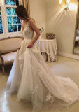 Elegant A-Line Princess Chapel Train Lace Tulle Wedding Dress with Appliqued Lace Details BM bride