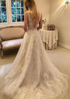 Elegant A-Line Princess Chapel Train Lace Tulle Wedding Dress with Appliqued Lace Details BM bride