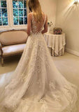 Elegant A-Line Princess Chapel Train Lace Tulle Wedding Dress with Appliqued Lace Details BM bride