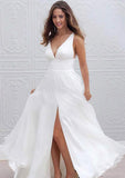 Graceful Princess V-Neck Long/Floor-Length Tulle Wedding Dress with a Stylish Split in A-Line Style BM bride
