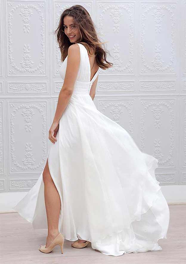 Graceful Princess V-Neck Long/Floor-Length Tulle Wedding Dress with a Stylish Split in A-Line Style BM bride