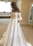 Romantic Princess Off-the-Shoulder Chapel Train Satin Wedding Dress with Bowknot Detail in A-Line Fit BM bride