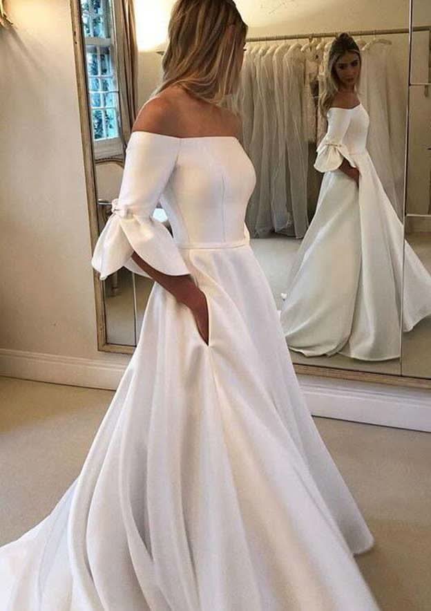 Romantic Princess Off-the-Shoulder Chapel Train Satin Wedding Dress with Bowknot Detail in A-Line Fit BM bride