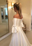 Romantic Princess Off-the-Shoulder Chapel Train Satin Wedding Dress with Bowknot Detail in A-Line Fit BM bride