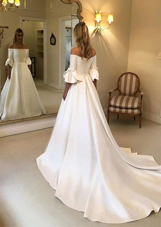 Romantic Princess Off-the-Shoulder Chapel Train Satin Wedding Dress with Bowknot Detail in A-Line Fit BM bride