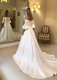 Romantic Princess Off-the-Shoulder Chapel Train Satin Wedding Dress with Bowknot Detail in A-Line Fit BM bride
