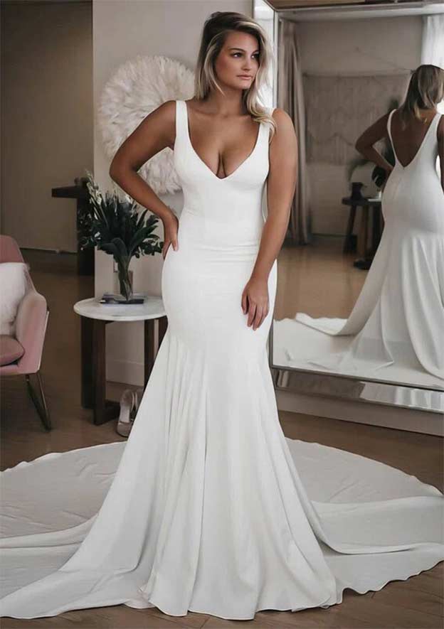 Elegant V-Neck Chapel Train Satin Trumpet/Mermaid Wedding Dress with Split Detail BM bride
