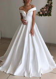Elegant Princess Off-the-Shoulder Satin A-Line Wedding Dress with Sweep Train BM bride