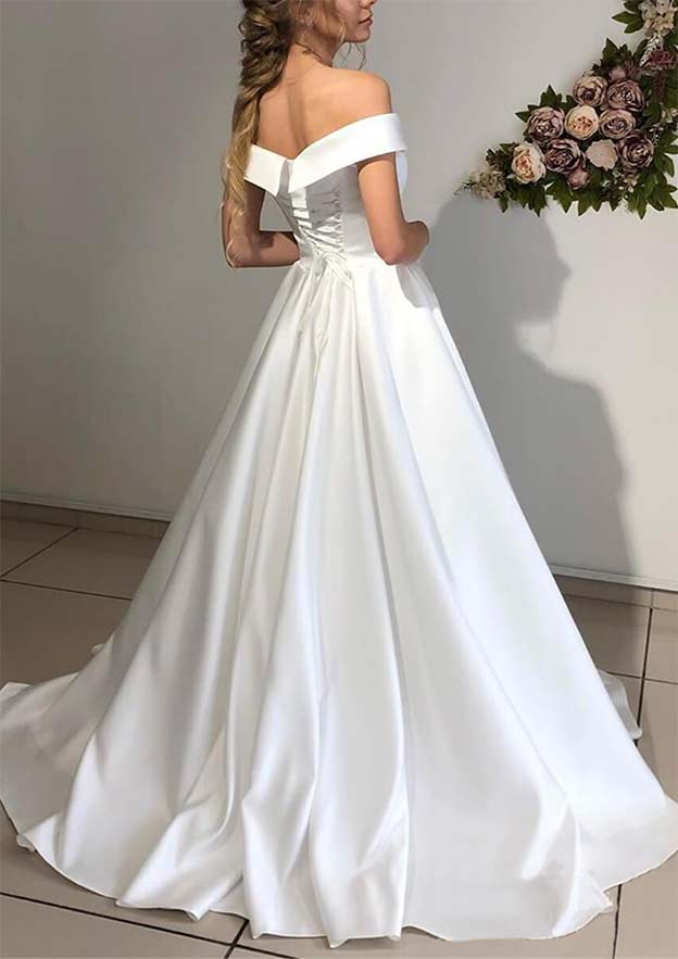 Elegant Princess Off-the-Shoulder Satin A-Line Wedding Dress with Sweep Train BM bride