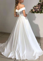 Elegant Princess Off-the-Shoulder Satin A-Line Wedding Dress with Sweep Train BM bride