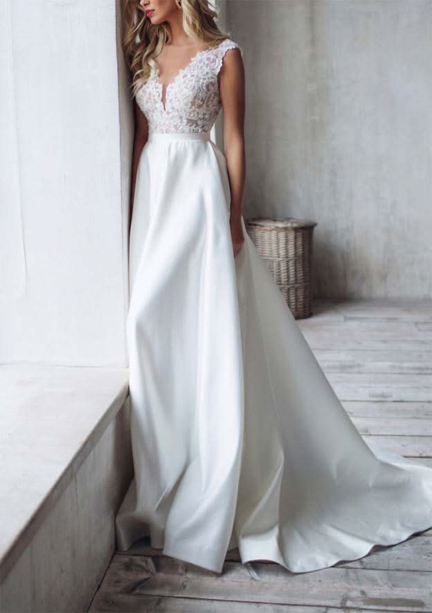 Charming Princess V-Neck Satin Wedding Dress with Court Train and Lace Accents in A-Line Silhouette BM bride