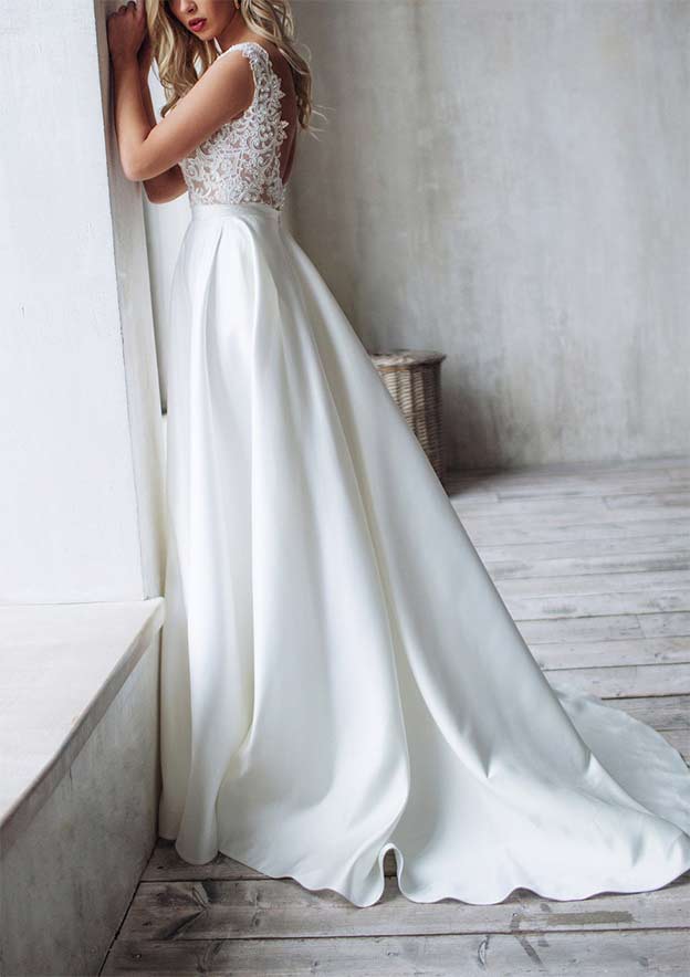 Charming Princess V-Neck Satin Wedding Dress with Court Train and Lace Accents in A-Line Silhouette BM bride