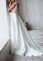 Charming Princess V-Neck Satin Wedding Dress with Court Train and Lace Accents in A-Line Silhouette BM bride