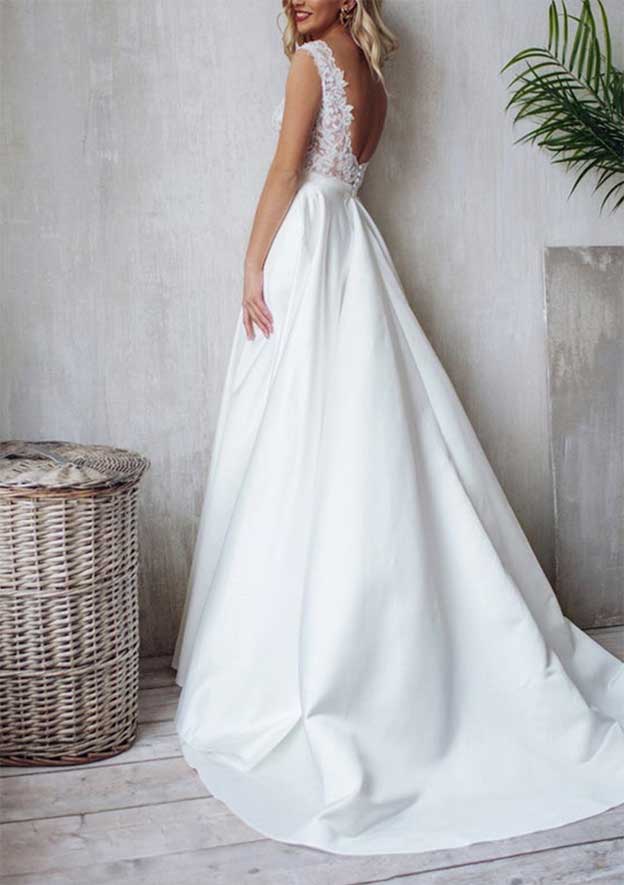 Charming Princess V-Neck Satin Wedding Dress with Court Train and Lace Accents in A-Line Silhouette BM bride