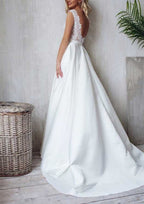Charming Princess V-Neck Satin Wedding Dress with Court Train and Lace Accents in A-Line Silhouette BM bride