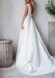 Charming Princess V-Neck Satin Wedding Dress with Court Train and Lace Accents in A-Line Silhouette BM bride
