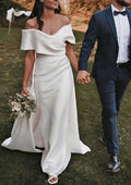 Refined Off-the-Shoulder Short Sleeve Sweep Train Satin Wedding Dress in A-Line/Princess Style BM bride