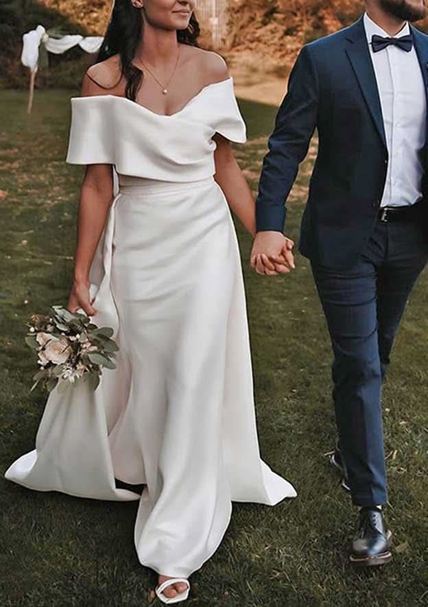 Refined Off-the-Shoulder Short Sleeve Sweep Train Satin Wedding Dress in A-Line/Princess Style BM bride