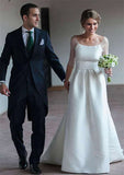 Sophisticated Square Neckline Satin Wedding Dress with Sweep Train and Waistband Split in A-Line Design BM bride