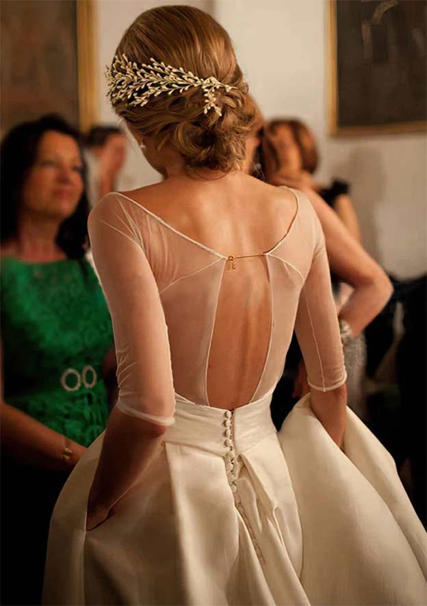 Sophisticated Square Neckline Satin Wedding Dress with Sweep Train and Waistband Split in A-Line Design BM bride