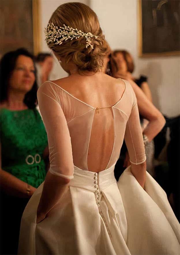 Sophisticated Square Neckline Satin Wedding Dress with Sweep Train and Waistband Split in A-Line Design BM bride