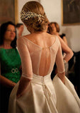 Sophisticated Square Neckline Satin Wedding Dress with Sweep Train and Waistband Split in A-Line Design BM bride