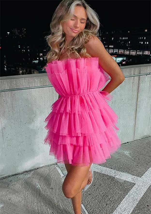 A-Line Sleeveless Mini Tulle Homecoming Dress With Ruffles - Elegant Party Dress BM bride