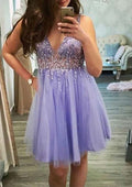 A-Line V-Neck Mini Tulle Homecoming Dress With Applique Beading & Sequins - Elegant Event Dress BM bride