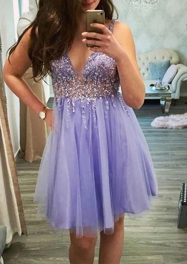 A-Line V-Neck Mini Tulle Homecoming Dress With Applique Beading & Sequins - Elegant Event Dress BM bride
