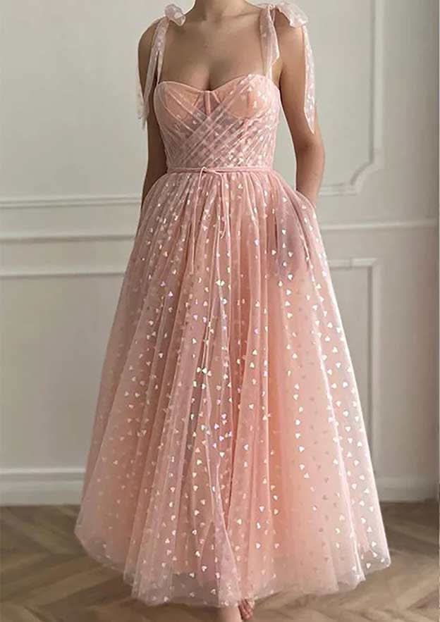 Ankle-Length Tulle Homecoming Dress With Sweetheart Neckline & Pleated Sequins BM bride