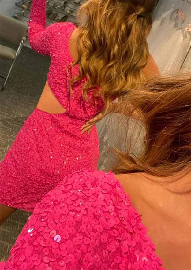 Sheath One-Shoulder Long Sleeve Mini Velvet Sequins Homecoming Dress BM bride