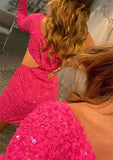 Sheath One-Shoulder Long Sleeve Mini Velvet Sequins Homecoming Dress BM bride