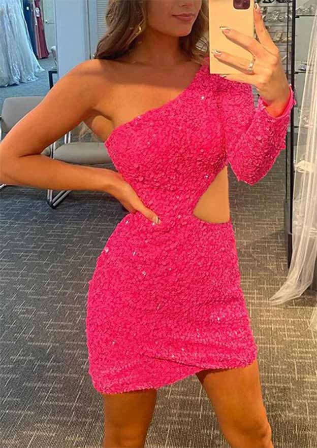 Sheath One-Shoulder Long Sleeve Mini Velvet Sequins Homecoming Dress BM bride