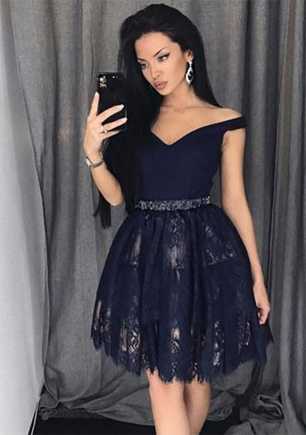 Princess Off-The-Shoulder Mini Lace Homecoming Dress With Beading - Elegant Party Wear BM bride
