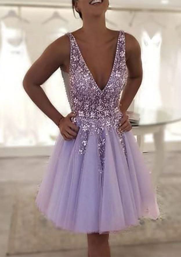 A-Line V-Neck Knee-Length Tulle Homecoming Dress With Beading & Sequins - Elegant Party Dress BM bride