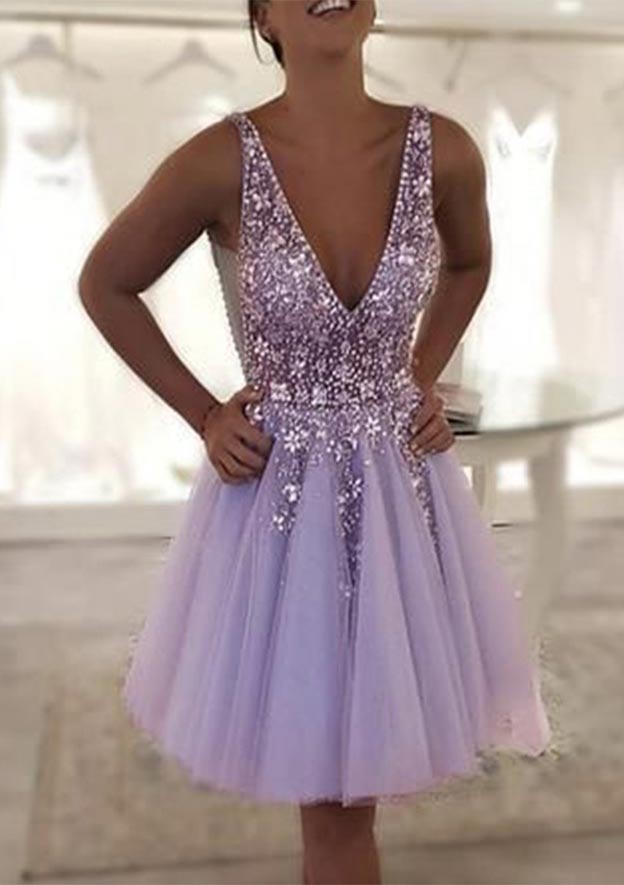 A-Line V-Neck Knee-Length Tulle Homecoming Dress With Beading & Sequins - Elegant Party Dress BM bride