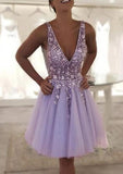 A-Line V-Neck Knee-Length Tulle Homecoming Dress With Beading & Sequins - Elegant Party Dress BM bride