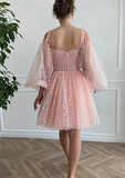 Princess-Style A-Line Mini Tulle Homecoming Dress With Long Sleeves & Pleated Sequins BM bride