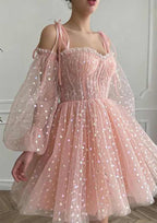 Princess-Style A-Line Mini Tulle Homecoming Dress With Long Sleeves & Pleated Sequins BM bride