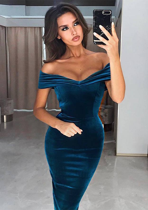 Sheath Off-The-Shoulder Short Sleeve Tea-Length Velvet Homecoming Dress With Pleats - Elegant Party Dress BM bride