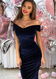 Sheath Off-The-Shoulder Short Sleeve Tea-Length Velvet Homecoming Dress With Pleats - Elegant Party Dress BM bride