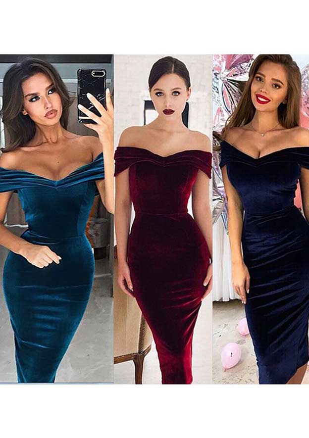 Sheath Off-The-Shoulder Short Sleeve Tea-Length Velvet Homecoming Dress With Pleats - Elegant Party Dress BM bride