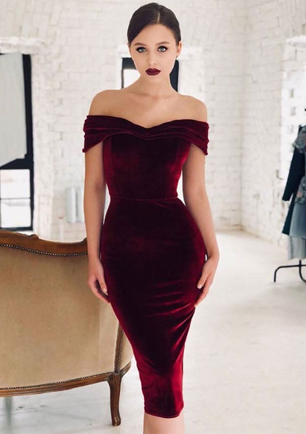 Sheath Off-The-Shoulder Short Sleeve Tea-Length Velvet Homecoming Dress With Pleats - Elegant Party Dress BM bride
