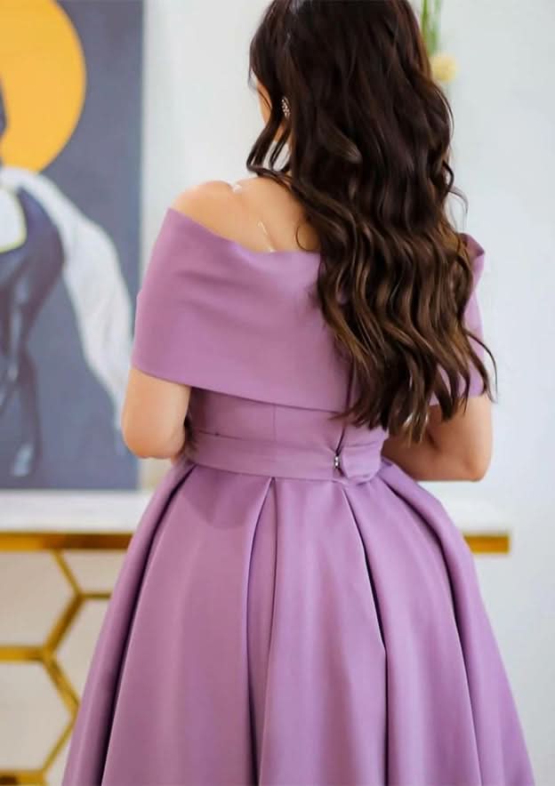 A-Line Off-The-Shoulder Short Sleeve Ankle-Length Satin Homecoming Dress With Pleated Waistband - Elegant Event Dress BM bride
