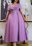 A-Line Off-The-Shoulder Short Sleeve Ankle-Length Satin Homecoming Dress With Pleated Waistband - Elegant Event Dress BM bride