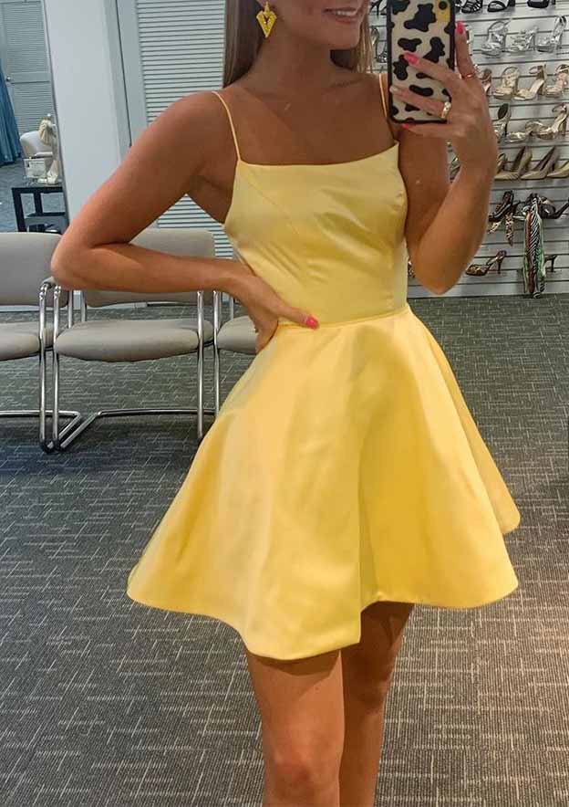 A-Line Square Neckline Mini Charmeuse Homecoming Dress - Luxurious Evening Attire BM bride