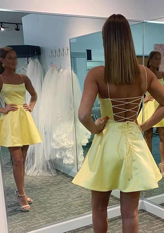 A-Line Square Neckline Mini Charmeuse Homecoming Dress - Luxurious Evening Attire BM bride